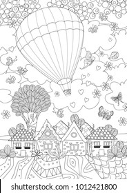 hot air balloon in the sky above the cute city for your coloring book