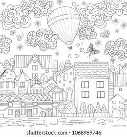 hot air balloon in the sky above nice town for your coloring book