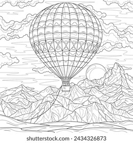 Hot air balloon in the sky above the mountains.Coloring book antistress for children and adults. Illustration isolated on white background. Hand draw