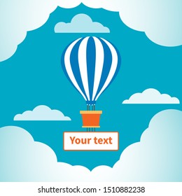 Hot air balloon in the sky. Blue-white balloon dome. Basket and banner for text. Clouds and blue sky. Symbol of a bright, light and joyful future, romantic and dreamy natures, love of travel.