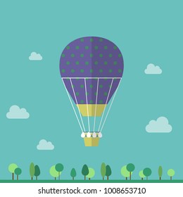 Hot air balloon in the sky with clouds. Flat cartoon design. Vector illustration