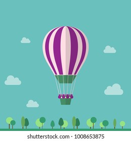 Hot air balloon in the sky with clouds. Flat cartoon design. Vector illustration
