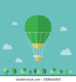 Hot air balloon in the sky with clouds. Flat cartoon design. Vector illustration