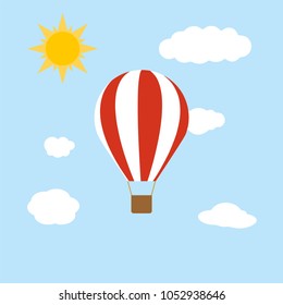 Hot air balloon in the sky with clouds and sun. Concept Flat cartoon design. Vector illustration
