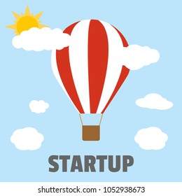 Hot air balloon in the sky with clouds and sun. Startup concept Flat cartoon design. Vector illustration

