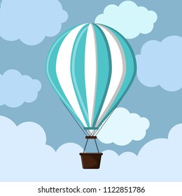 Hot air balloon in the sky with clouds. Travel time. Flat cartoon design. Vector illustration