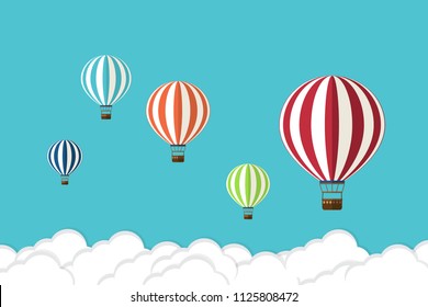 Hot air balloon in the sky with clouds. Flat cartoon design. Vector illustration