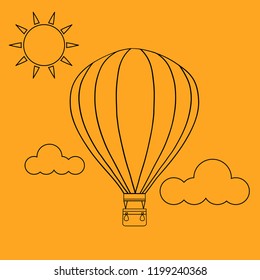 Hot air balloon in the sky with clouds. Flat cartoon design. Vector illustration