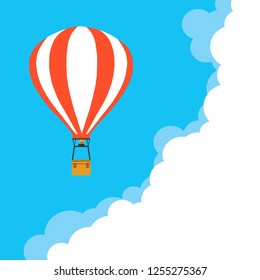 Hot air balloon in the sky with clouds. Flat cartoon design. Vector illustration
