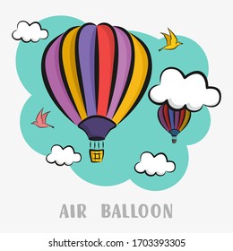 hot air balloon in the sky with clouds and birds vector / illustration / background / postcard