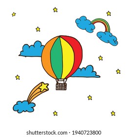 globo de aire caliente en el cielo sobre fondo blanco. vector dibujado a mano.