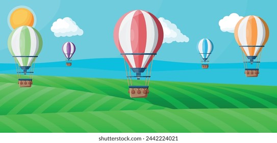 Hot Air Balloon in the Sky With Clouds and Sun. Vintage Air Transport. Nature Outdoor Background. Aerostat with Basket. Nature Landscape of Green Hills. Flat Vector Illustration