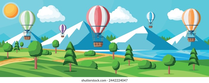 Hot Air Balloon In The Sky With Clouds and Sun. Vintage Air Transport. Nature Outdoor Background. Aerostat With Basket. Nature Landscape Of Green Hills. Flat Vector Illustration