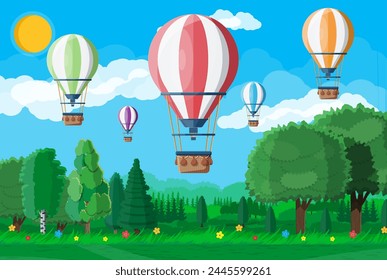 Hot air balloon in the sky with clouds and sun. Vintage air transport. Nature outdoor background. Aerostat with basket. Flat vector illustration