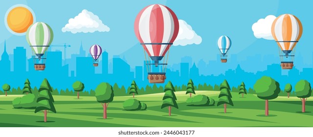 Globo De Aire Caliente En El Cielo Con Nubes Y Sol. Transporte Aéreo Antiguas. Naturaleza al aire libre. Aerostat Con Cesta. Naturaleza Paisaje De Colinas Verdes Y Paisaje Urbano. Ilustración vectorial plana