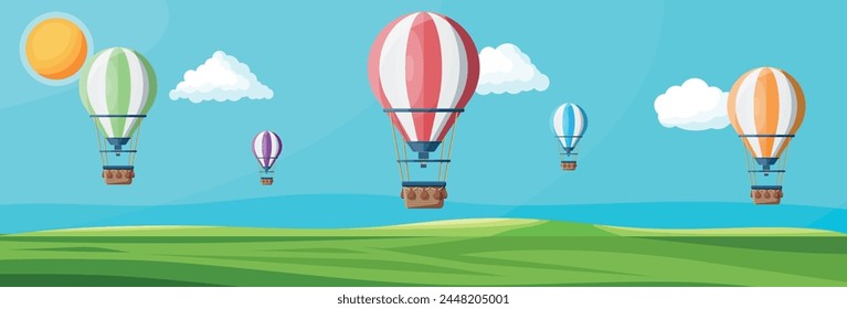 Hot Air Balloon In The Sky With Clouds and Sun. Vintage Air Transport. Nature Outdoor Background. Aerostat With Basket. Nature Landscape Of Green Hills. Flat Vector Illustration