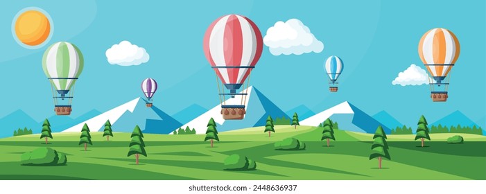 Hot Air Balloon In The Sky With Clouds and Sun. Vintage Air Transport. Nature Outdoor Background. Aerostat With Basket. Nature Landscape Of Green Hills. Flat Vector Illustration