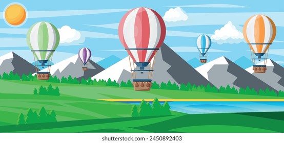 Hot Air Balloon In The Sky With Clouds and Sun. Vintage Air Transport. Nature Outdoor Background. Aerostat With Basket. Nature Landscape Of Green Hills. Flat Vector Illustration