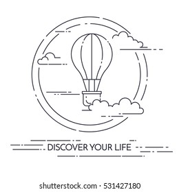 Hot Air Balloon In The Sky With Clouds Isolated On Blue Background. Flat Line Art Vector Illustration For Travel Concept.