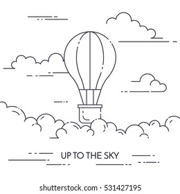 Hot Air Balloon In The Sky With Clouds Isolated On Blue Background. Flat Line Art Vector Illustration For Travel Concept.