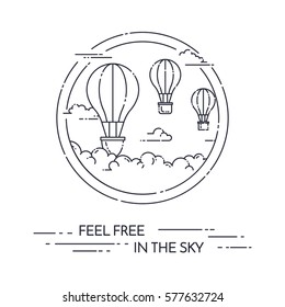 Hot air balloon in the sky with clouds isolated on white background. Flat line art vector illustration for travel concept.