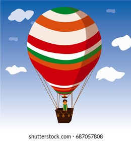Hot air balloon in the sky with clouds. Flat cartoon design. Vector illustration