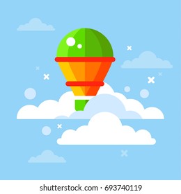 Globo de aire caliente en el cielo con nubes. Ilustración vectorial plana.