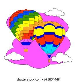 Hot air balloon in the sky with clouds. Flat cartoon design. Vector illustration