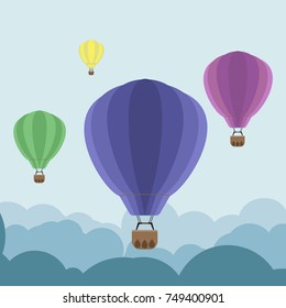 Hot air balloon in sky with clouds. Flat cartoon design. Vector illustration