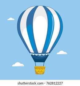 Hot air balloon in the sky with clouds. Flat cartoon design. Vector illustration