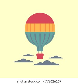 Hot air balloon in the sky with clouds. Stylized outdoor icon. Flat cartoon pop art style. Travel adventure fly concept banner template design. Simple minimal poster retro colors. Vector illustration