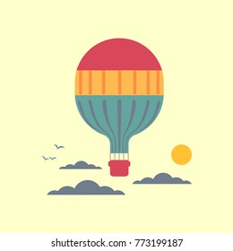 Hot air balloon in the sky with clouds. Stylized outdoor icon. Flat cartoon pop art style. Travel adventure fly concept banner template design. Simple minimal poster retro colors. Vector illustration