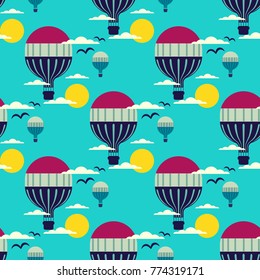 Hot air balloon in the sky with clouds seamless pattern. Flat cartoon pop art style. Travel adventure fly concept banner template design. Simple minimal retro colors, outdoor icon. Vector illustration