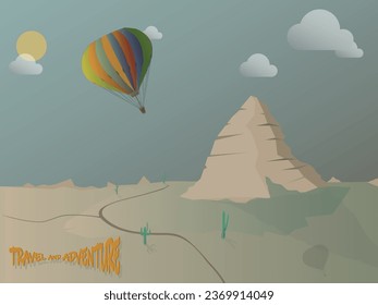 Hot air balloon in the sky, desert flying, sand mountains vintage atmosphere, sunset.