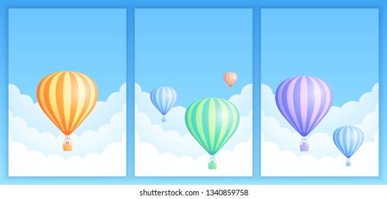 Hot air balloon sky flight vector illustration set. Collection of carnival poster or birthday invitation, white cloud on summer blue sky with colorful stripes hot air balloons. Clipping mask applied.