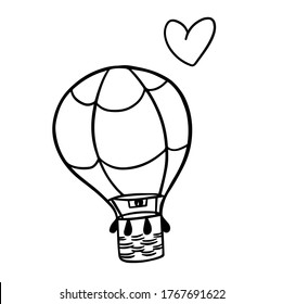 Hot air balloon in the sky. Ideal for baby prints, posters, invitations, coloring book. Doodle love balloon. Vector illustration on white background. For cards, posters, stickers and professional