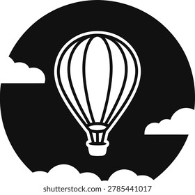 Hot Air Balloon in the Sky Logo, Circular Silhouette with Clouds Vector Badge