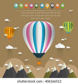 hot air balloon in the sky over moutain, background and greeting card template , vector illustration