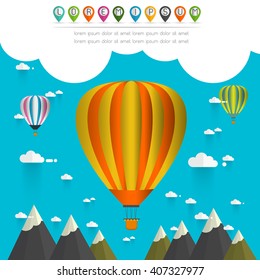 hot air balloon in the sky over moutain, background and greeting card template , vector illustration