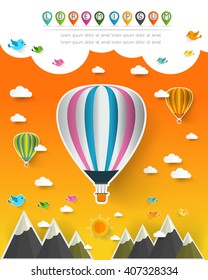 hot air balloon in the sky , Set of elements to create urban background, landscape pop up paper cut 
style, Vector illustration