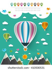 hot air balloon in the sky , Set of elements to create urban background, landscape pop up paper cut 
style, Vector illustration