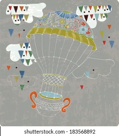 hot Air Balloon in sky with tea cup and abstract clouds, hand drawn Background for Design, VECTOR