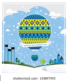 Hot Air Balloon In The Sky Vector / Illustration / Background / Greeting Card / Aztec Style Pattern / Greeting Card / Invitation Card