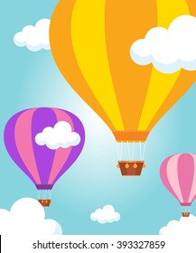 Hot air balloon in the sky . Vector illustration. Vector background/greeting card. Flat design, Hot air balloon in the sky with cloud background