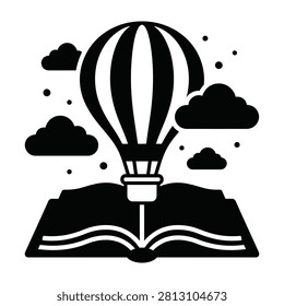 Hot air balloon soaring above open book surrounded by clouds and sky