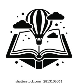 Hot air balloon soaring above open book with clouds, symbolizing adventure and knowledge