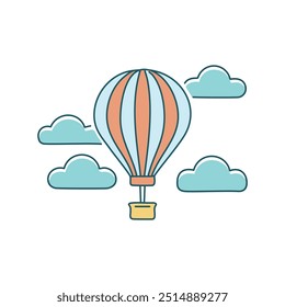 Hot air balloon soaring through clouds. An illustration of a hot air balloon, with stripes of orange and white, flying amongst fluffy clouds. It symbolizes freedom, adventure, and new heights.