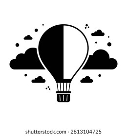 Hot air balloon soaring through clouds in a serene black and white illustration