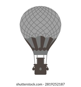 A hot air balloon soars through the sky with its basket and netting prominently displayed