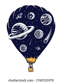 hot air balloon, space travel vector illustration